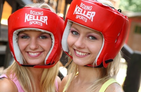 Young blonde Pinky June and a girl have lesbian sex in boxing helmets 13375726