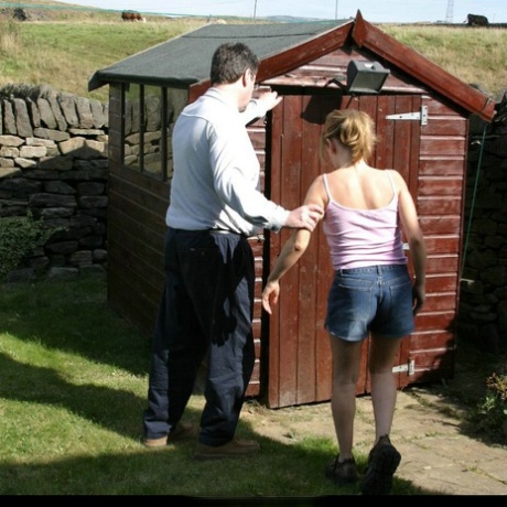 Caucasian girl is taken into a shed for a much-needed spanking 76350028
