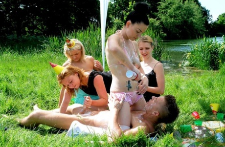 Party girls getting whip cream everywhere while having sex with a lone guy 42084793